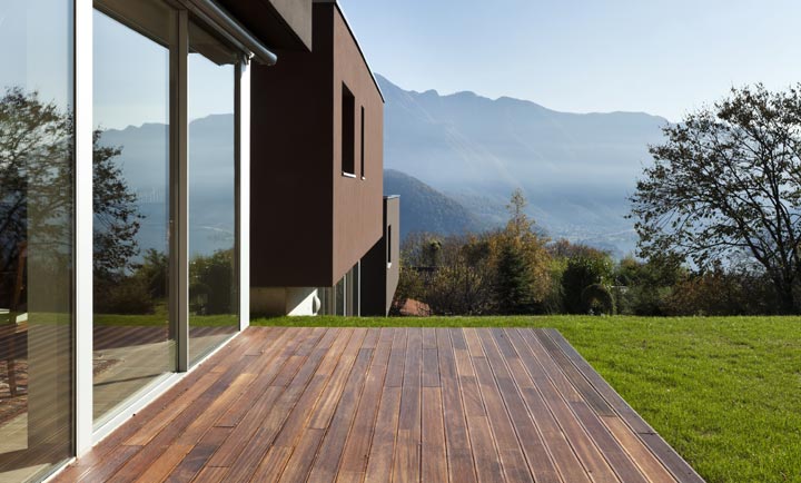 backyard deck with scenic mountains
